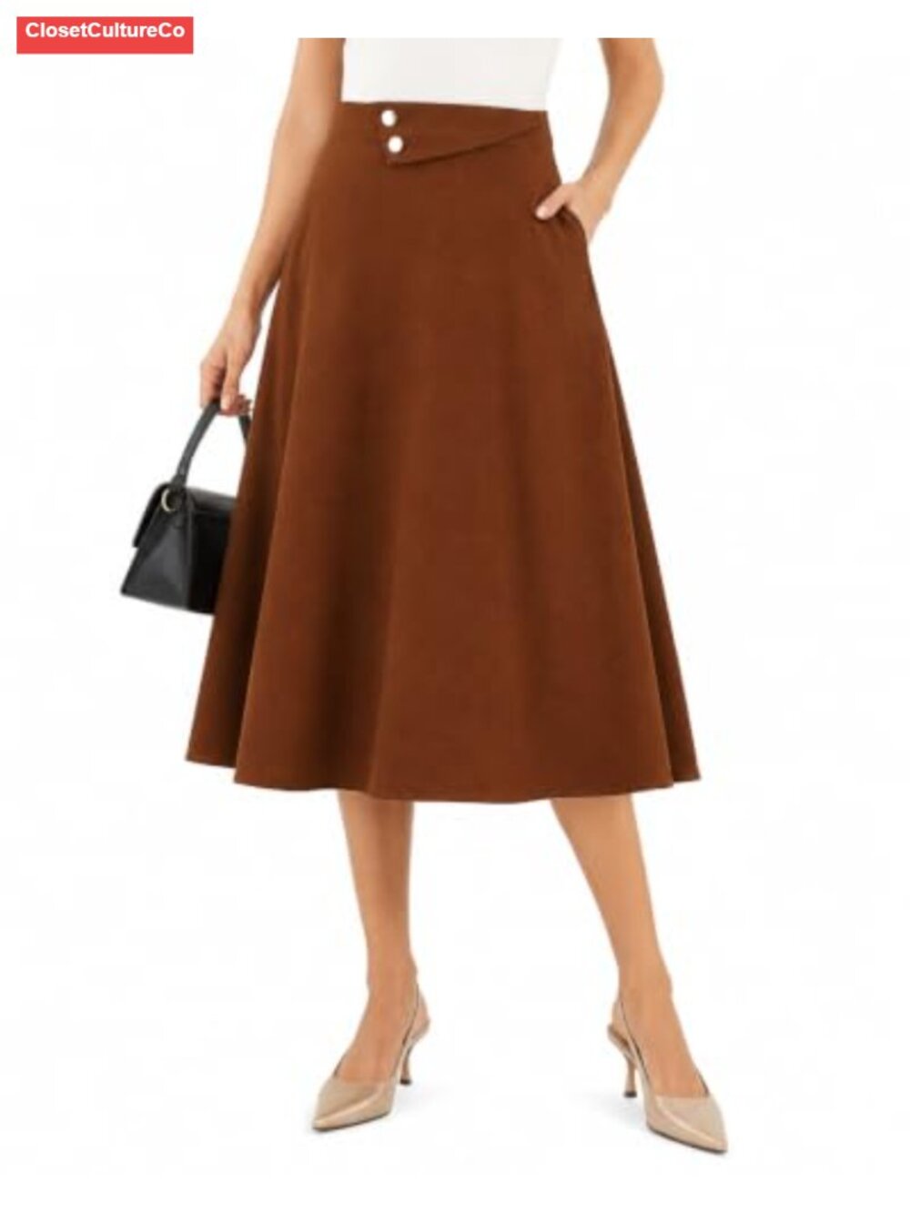 A-Line Midi Skirt with Pockets High Waist Pull-On Office Casual